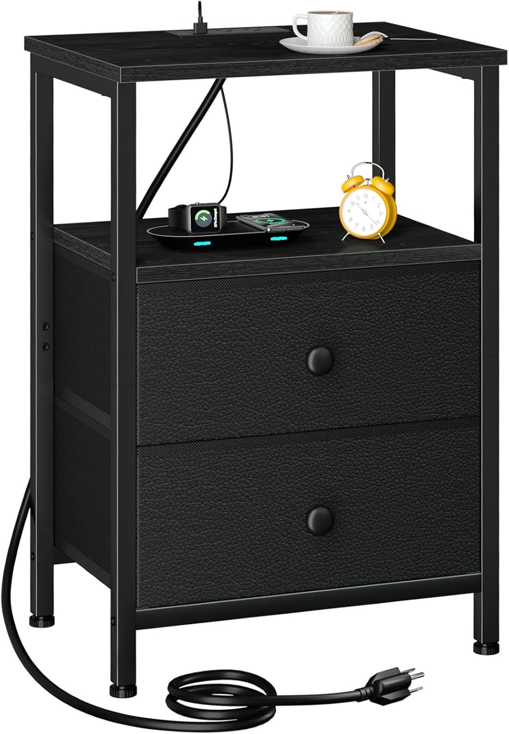Night Stand with Charging Station, Small Bedside Table with 2 Fabric Drawers, Nightstand with USB Ports & Outlets for Bedroom, Black, HETS020BK-1