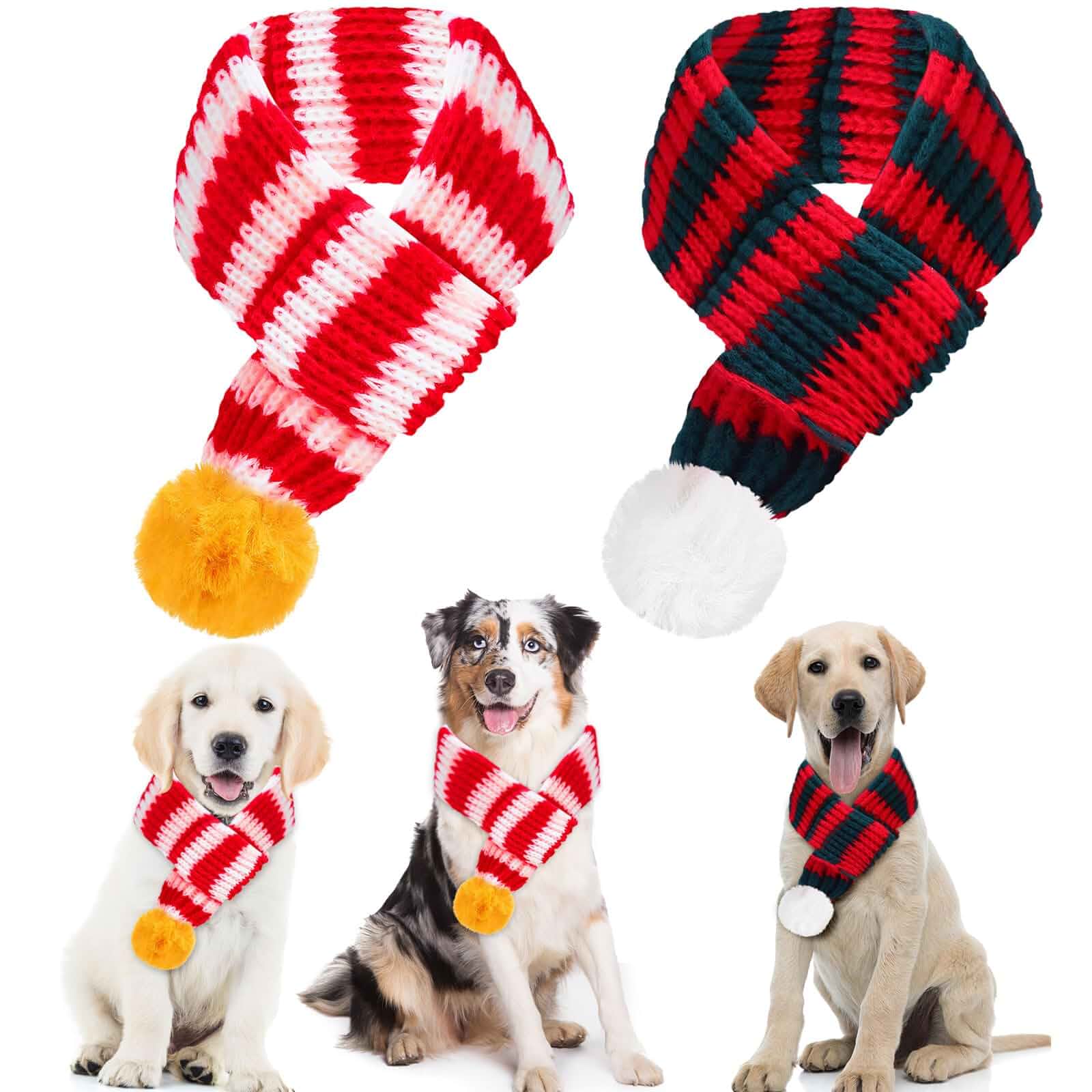 JaGely 2 Pieces Christmas Dog Knitted Scarf Holiday Cute Scarf for Small Medium Cat Xmas Winter Dog Bandanas Decor for Pet(Red and White, Red and Green,Striped) One Size