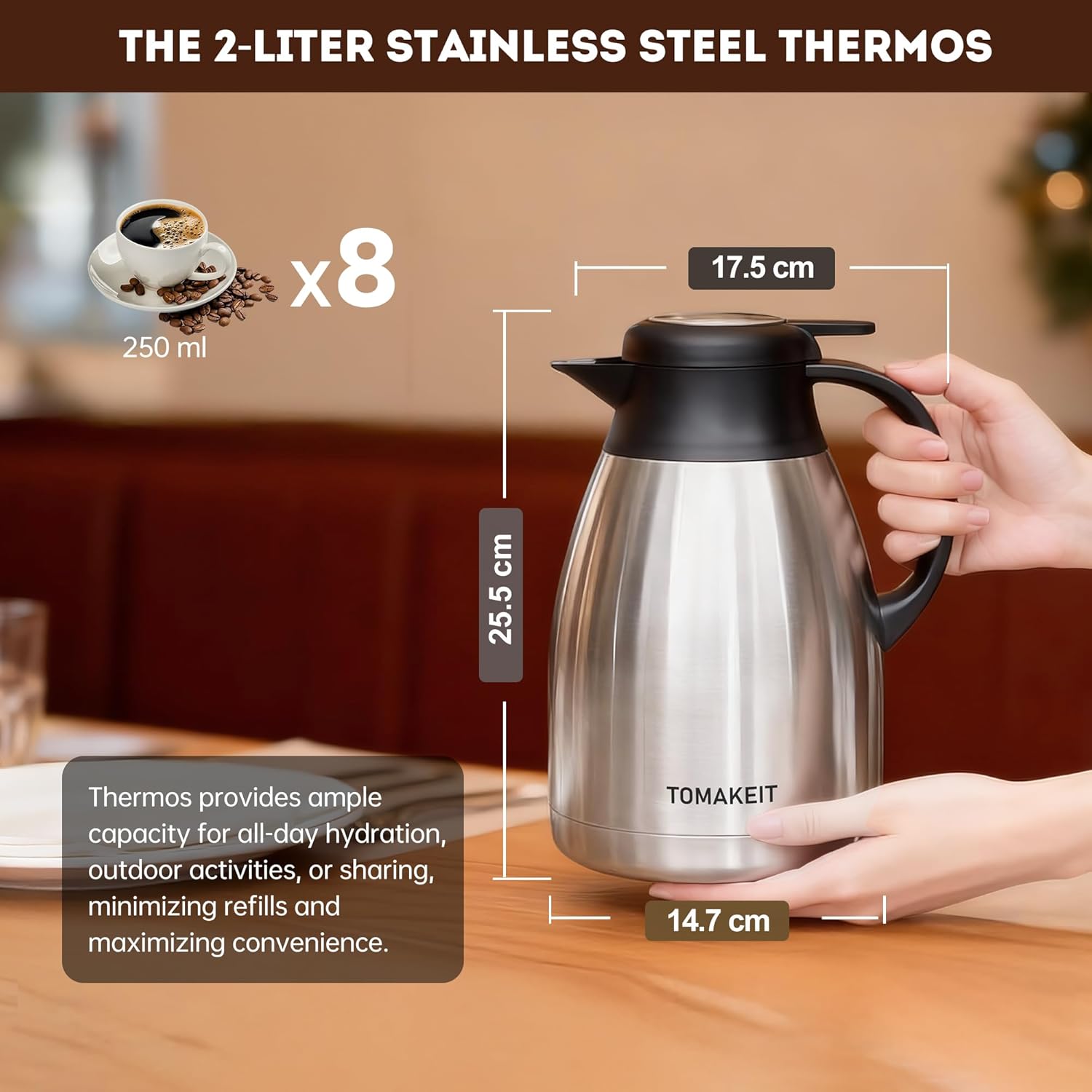 Thermal Coffee Carafe, 2L/68 Oz Stainless Steel Vacuum Insulated Thermoses, Double-Wall Design, 24-Hour Hot & Cold, Leak-Proof, Portable for Travel,Camping,Office - Image 2