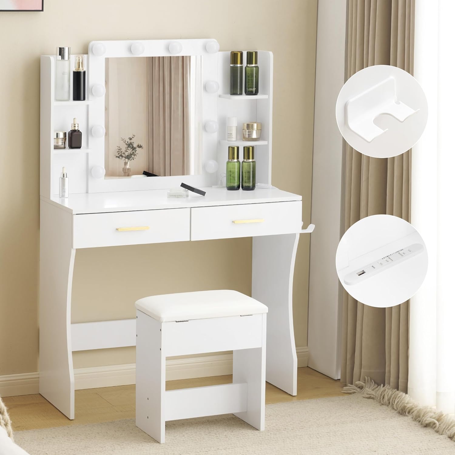 Dresser Vanity Stand with Light, 3-Color LED Dryer Holder with Outlet, Actress Mirror, Drawer, Side Storage, Makeup Stand, Simple