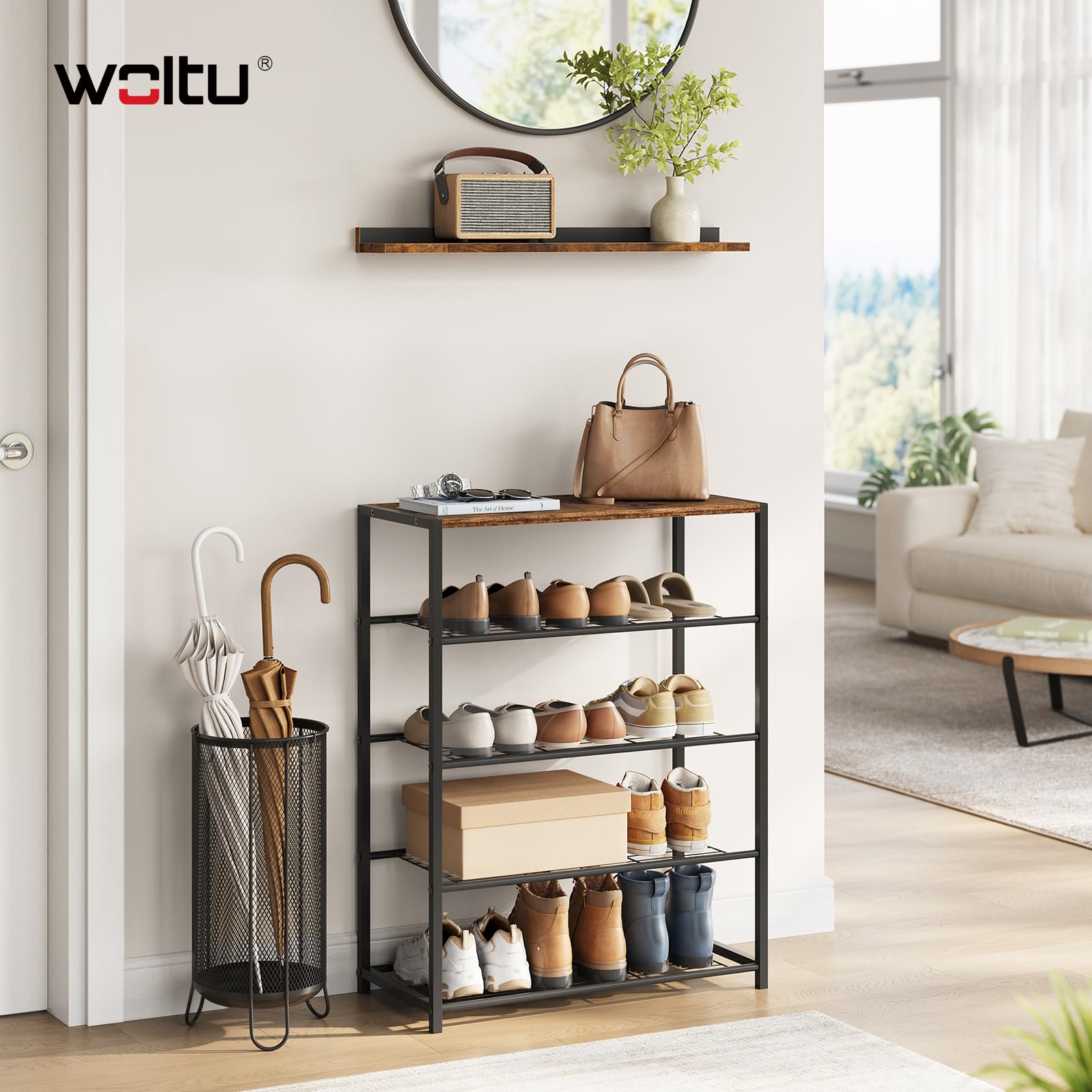 WOLTU Banco para Zapatos, Estante de Zapatos de 4 Niveles de 12 Pares de Zapatos, Marco de Metal, Asiento de Madera, para Recibidor Entrada y Dormitorio
