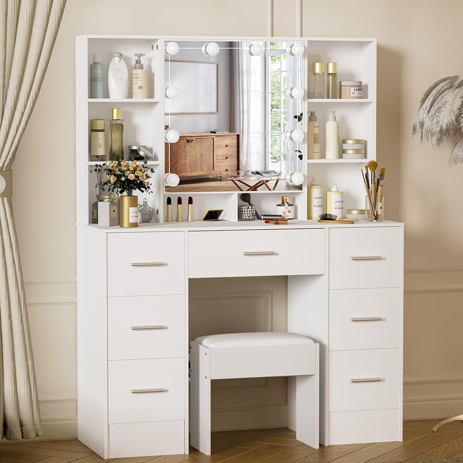 JBLCC Vanity Desk with Lighted Mirror & Storage Mirror Doors, 39.4" W Makeup Vanity with 10 LED Bulbs, 7 Drawers & Open Shelves, White Dressing Table with Stool for Bedroom