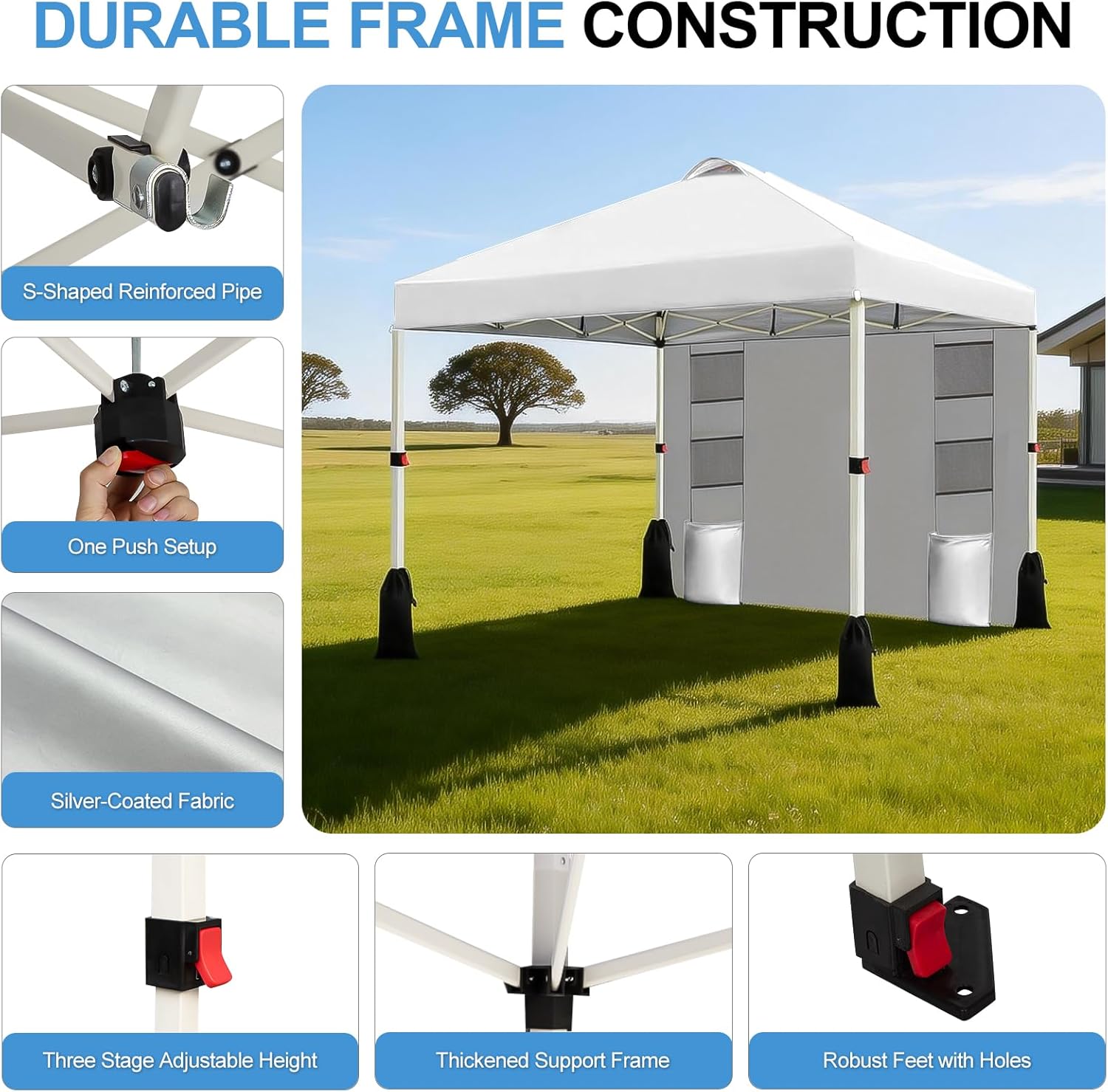 WEIZE 10x10 Pop Up Canopy Tent, 1-Button Push Setup Canopy Tent with 1 Sidewall, Adjustable Height Instant Portable Shelter, Portable Roller Bag,Easy Outdoor Sun Shade for Events,4 Weight Bags,White