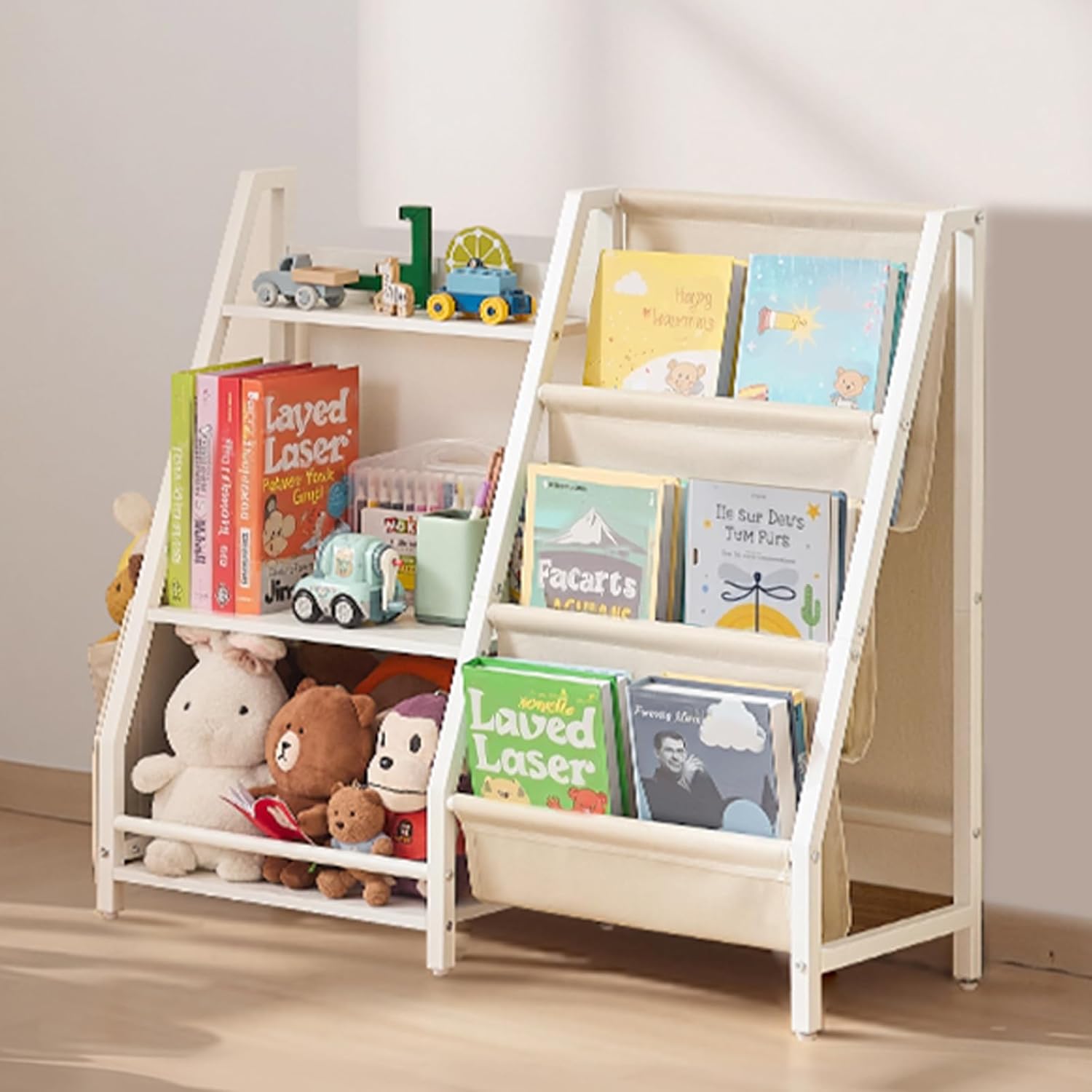 VEVOR 3-Tier Kids Bookshelf, Toy Storage Organizer for Toddler, Book Shelf for Kids Rooms with Sling Book Rack and Storage Bag, Kids Storage Book Shelves for Kids Room, Playroom, Kindergarten, Nursery