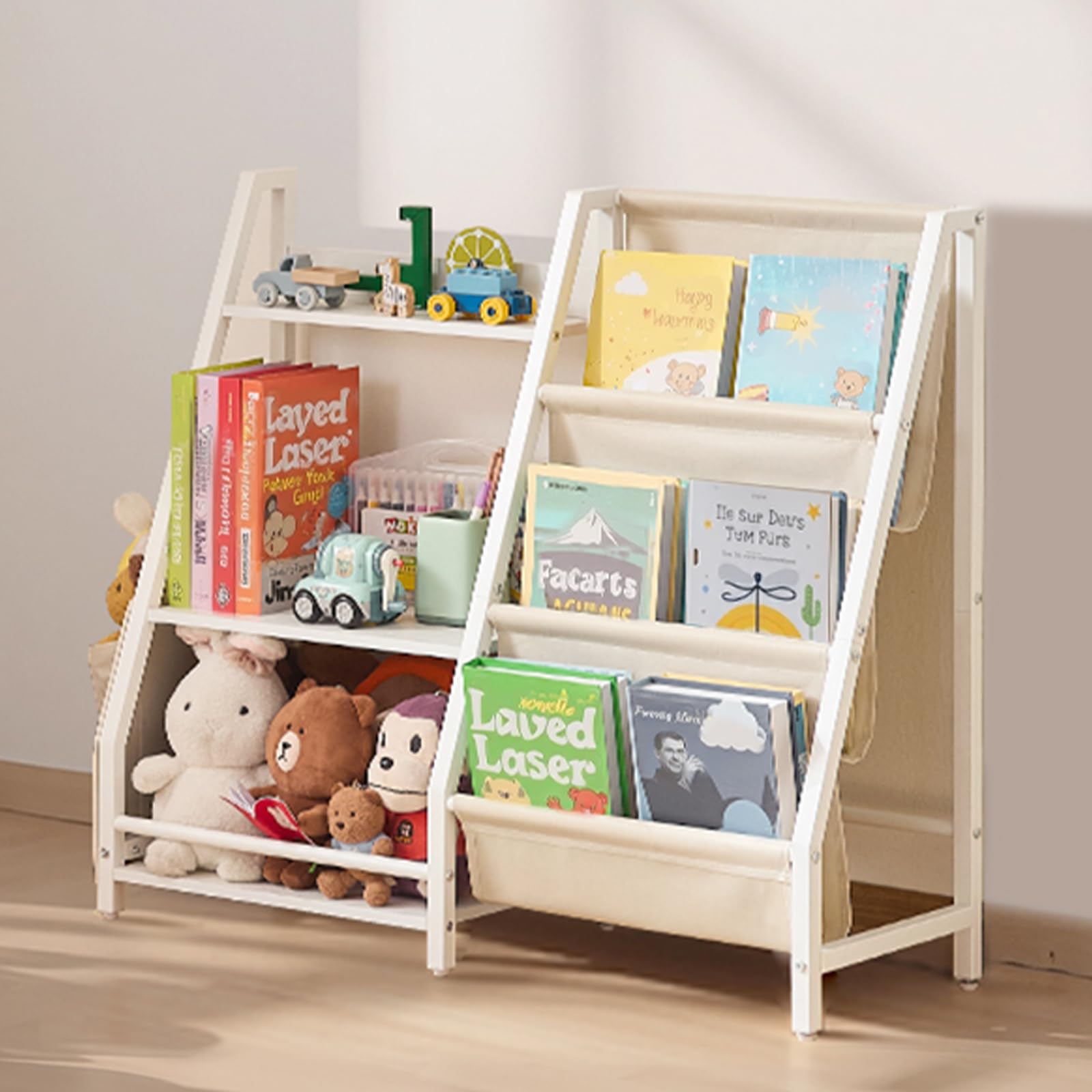 VEVOR Estantería Infantil de 3 Niveles, Estantería 850 x 300 x 755 mm con Soporte para Libros y Bolsa de Almacenamiento, Mueble para Niños para Dormitorio, Habitación Infantil y Salón, Blanco