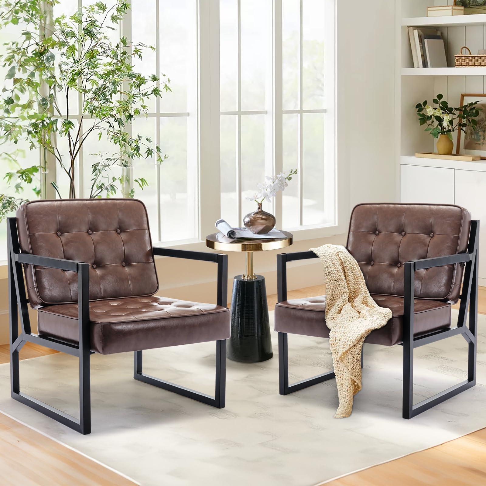 COLAMY Mid Century Modern Accent Chair Set of 2, Comfy Living Room Armchair with Metal Legs, Faux Leather Reception Arm Chair for Living Room Bedroom Reception Office, Brown — image 1