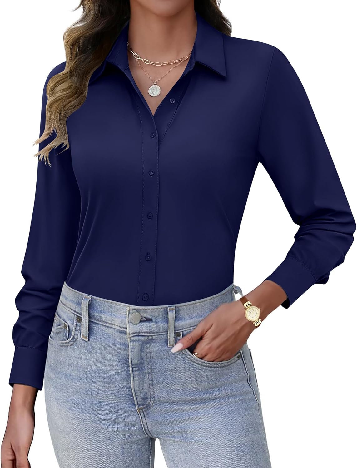HOTOUCH Button Down Shirts for Women Long Sleeve Stretch Dress Shirts Wrinkle-Free Work Blouses Slim Fit Office Tops