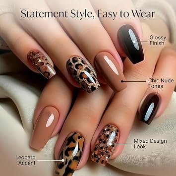 Leopard Print French Tip Glitter Press On Nails - Short Coffin Shape Premium Fake Nails With Tools For Women, Easy Apply Salon Quality Manicure Kit Trendy Mix Match Design
