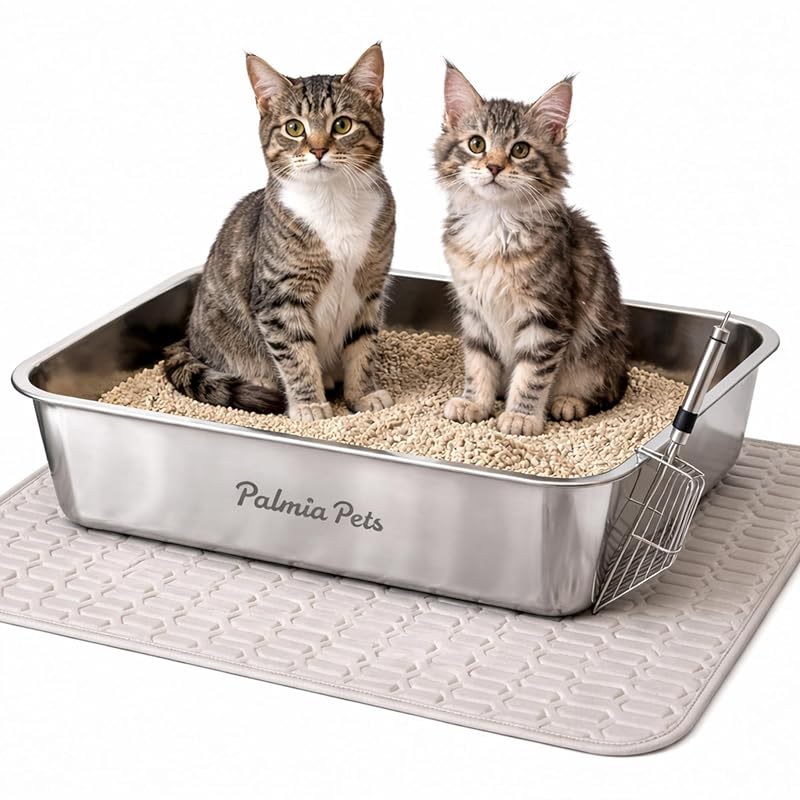 Caixa de Areia para Gatos Extra Grande em Aço Inoxidável com Laterais Altas Palmia, Pá e Tapete Absorvente