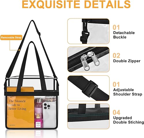 Miniatura 5 de Bolsa transparente para eventos en estadios bolsa transparente con correas ajustables para conciertos de trabajo, viajes, solo un bolsillo