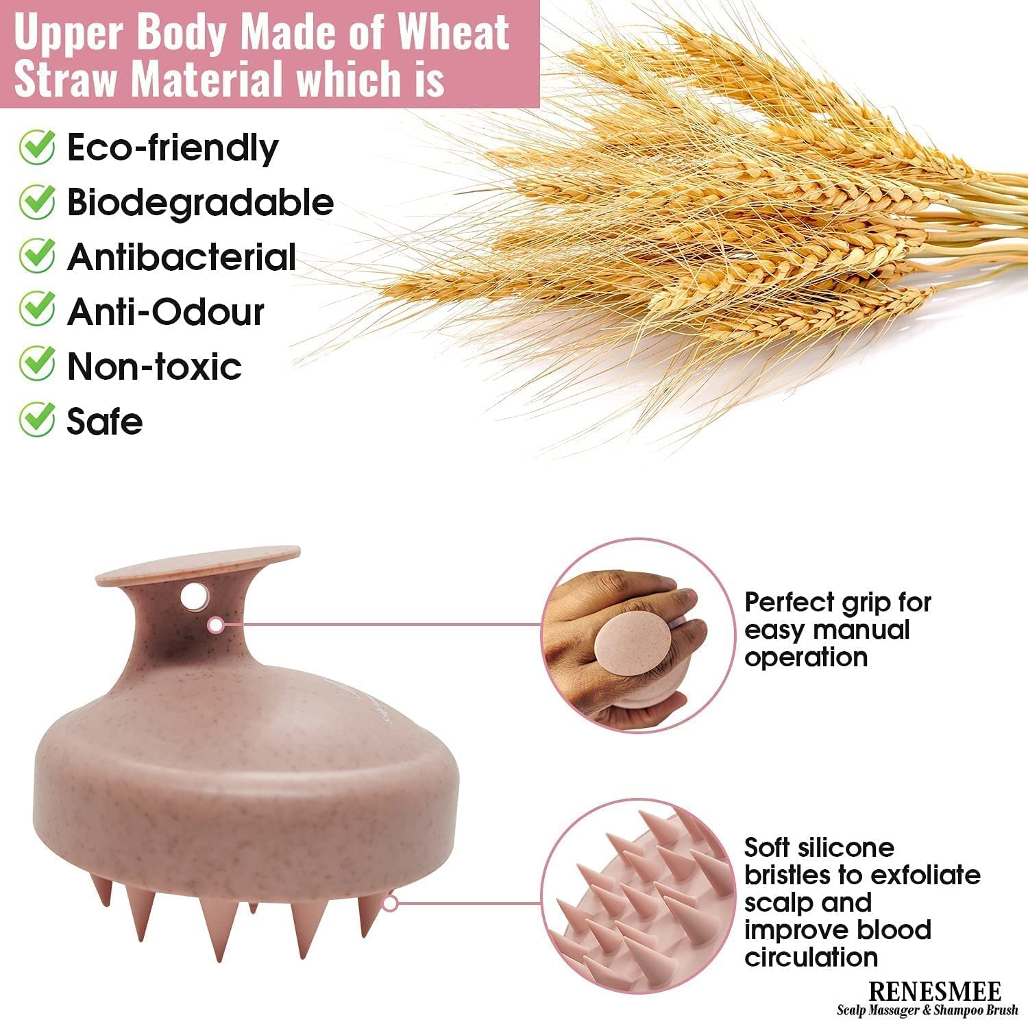 QIQI® Scalp Measer Shampoo Brush, Eco-Friendly Wheat straw body with soft silicon bristles, hair scrubber, exfoliator dandruff removal, prevents hair loss for men, women (JW35) QIQI® Scalp Measer Shampoo Brush, Eco-Friendly Wheat straw body with soft silicon bristles, hair scrubber, exfoliator dandruff removal, prevents hair loss for men, women (JW35)