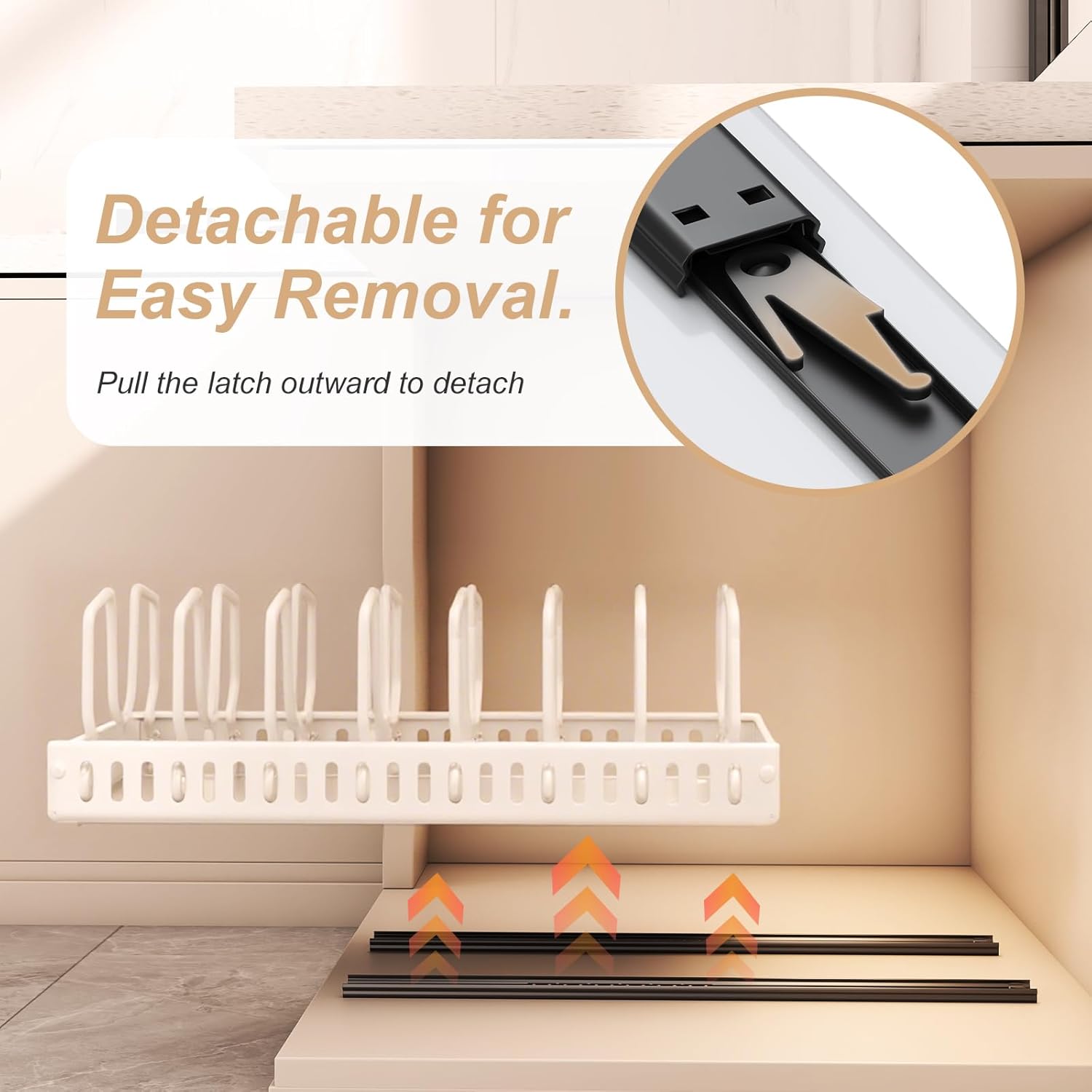 Pots and Pans Organizer Under Cabinet 2 Pack, Pull-Out Cabinet Organizer for Pot Lids, Bakeware, Dishes, 8 Adjustable Dividers (White