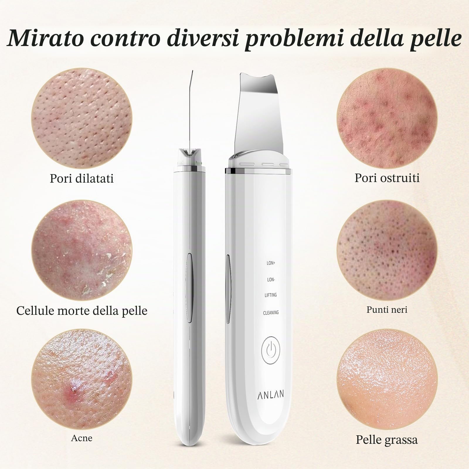 Pulizia Viso Ultrasuoni, ANLAN Skin Scrubber Professionale Per Pulizia Profonda la Viso Peeling e Cura,4 Modalità Rimozione di Comedone Punti Neri Rimozione, USB Ricaricabile