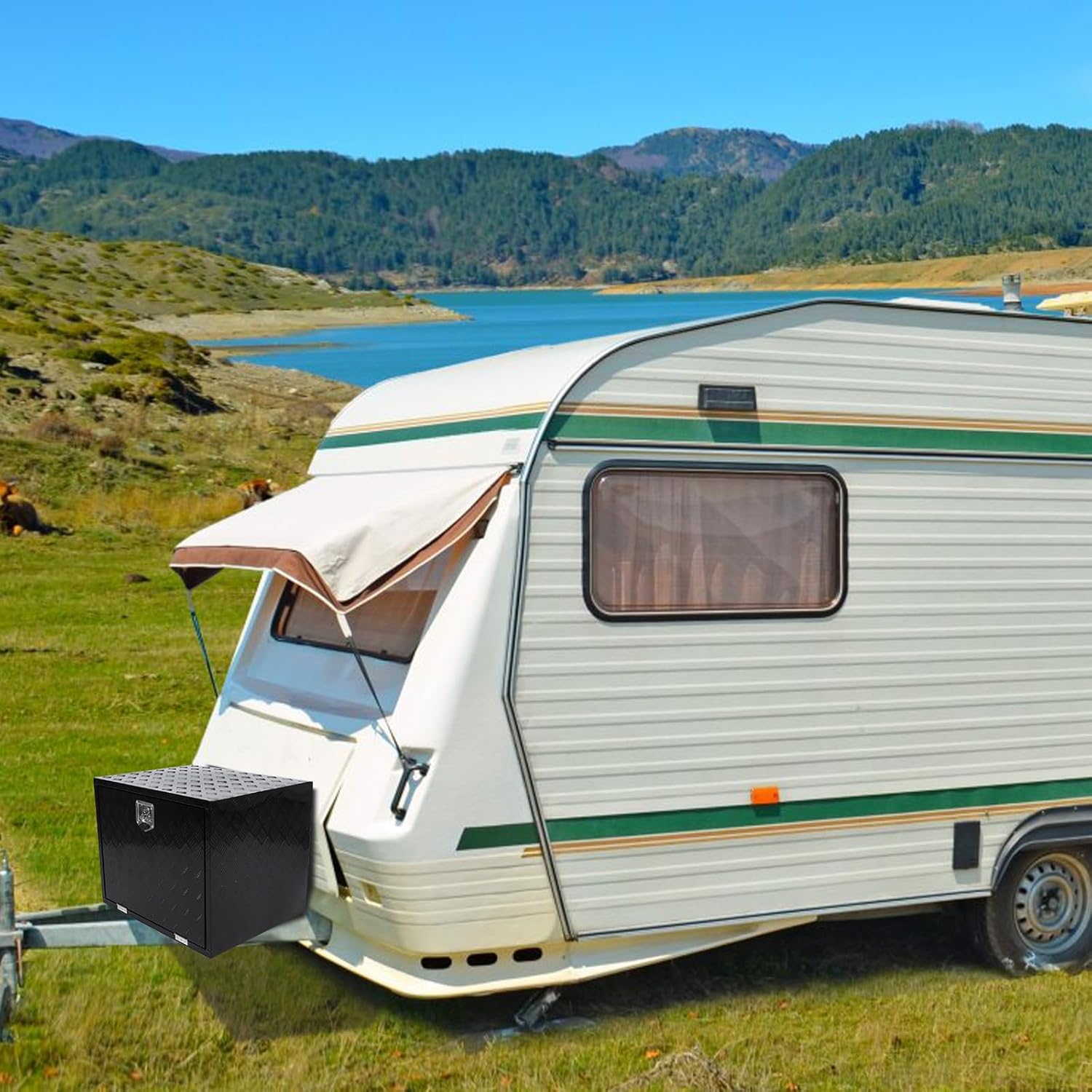 confote 30"x 24"x 24" Heavy Duty Aluminum Stripes Plated Tool Box Underbody Truck Box Pick Up Truck Bed RV Trailer Toolbox Waterproof Square Storage Organizer with Lock and Keys-Black