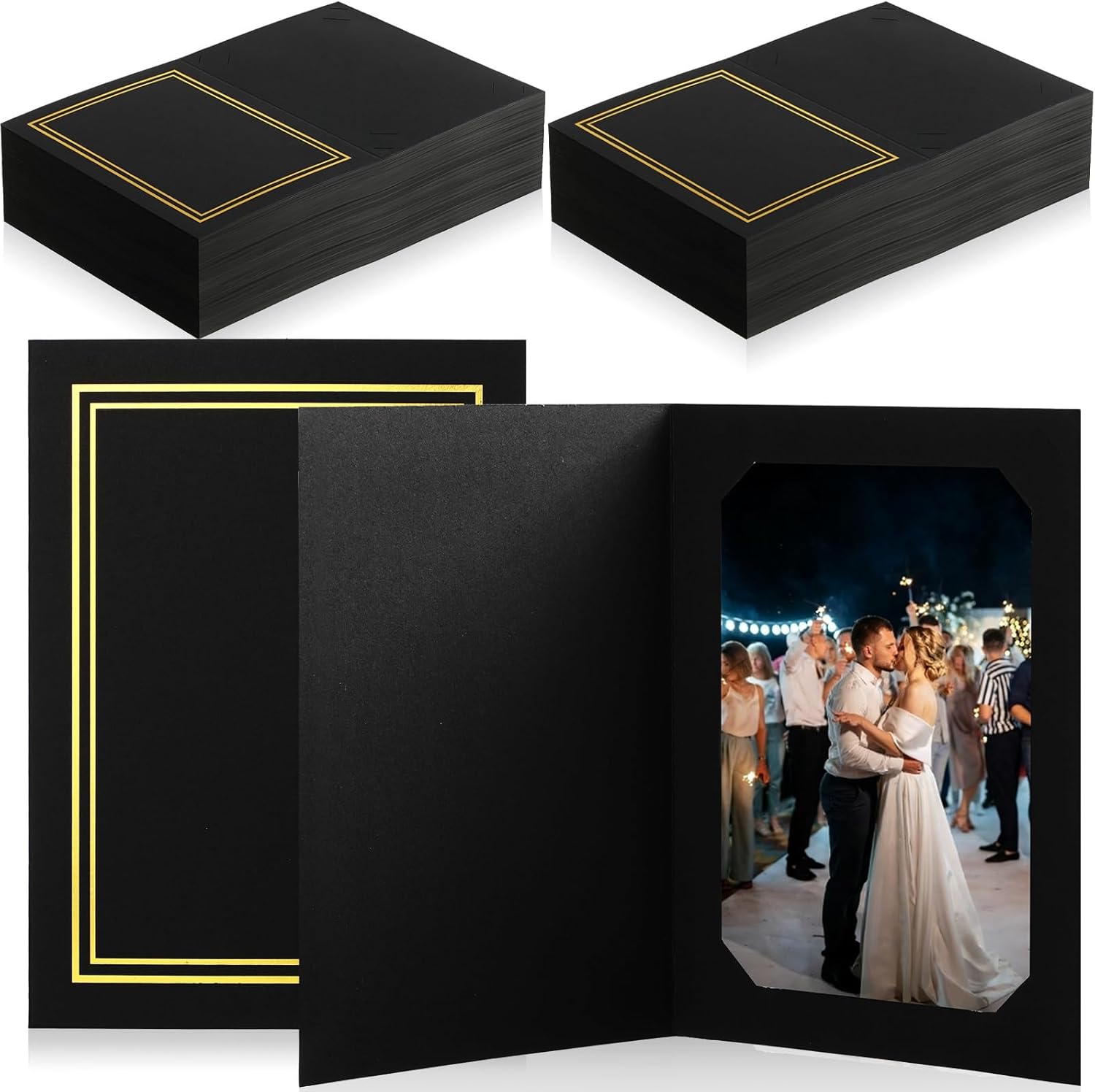 Fainne 400 Pcs Cardboard Photo Folders for 4x6 or 5x7 Pictures, Paper Photo Frame Note Cards Insert Notecard, Portrait Display, Black with Gold Border
