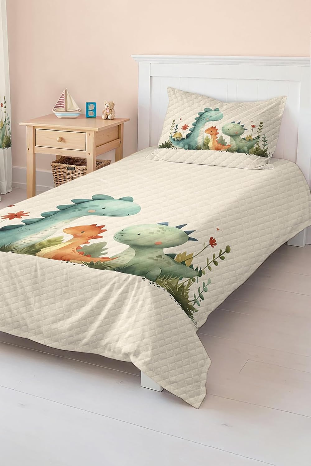 SODEF Bedding Set Kids Room Dinosaur Patterned Lightweight Quilt Set, Breathable Cotton Polyester Blend, Includes Quilt and Pillowcase, Twin Size - Multicolor, One Size