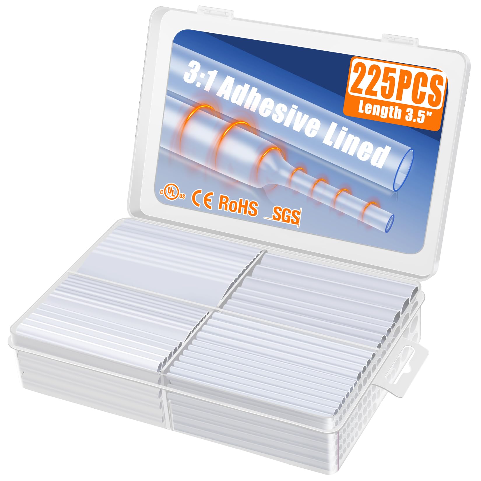 XHF UL Listed 225 Pcs 3:1 Waterproof Heat Shrink Tubing Kit Marine Grade Adhesive Lined Heat Shrink Tube, Insulation Sealing Oil-Proof Wear-Resistant Clear