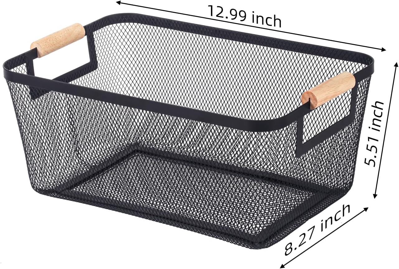 2-Pack Metal Mesh Basket, Medium Wire Storage Organizer with Wood Handle for Kitchen Pantry, Bathroom, Cabinet, Closet, Picnic & Home Organization, Medium, Black