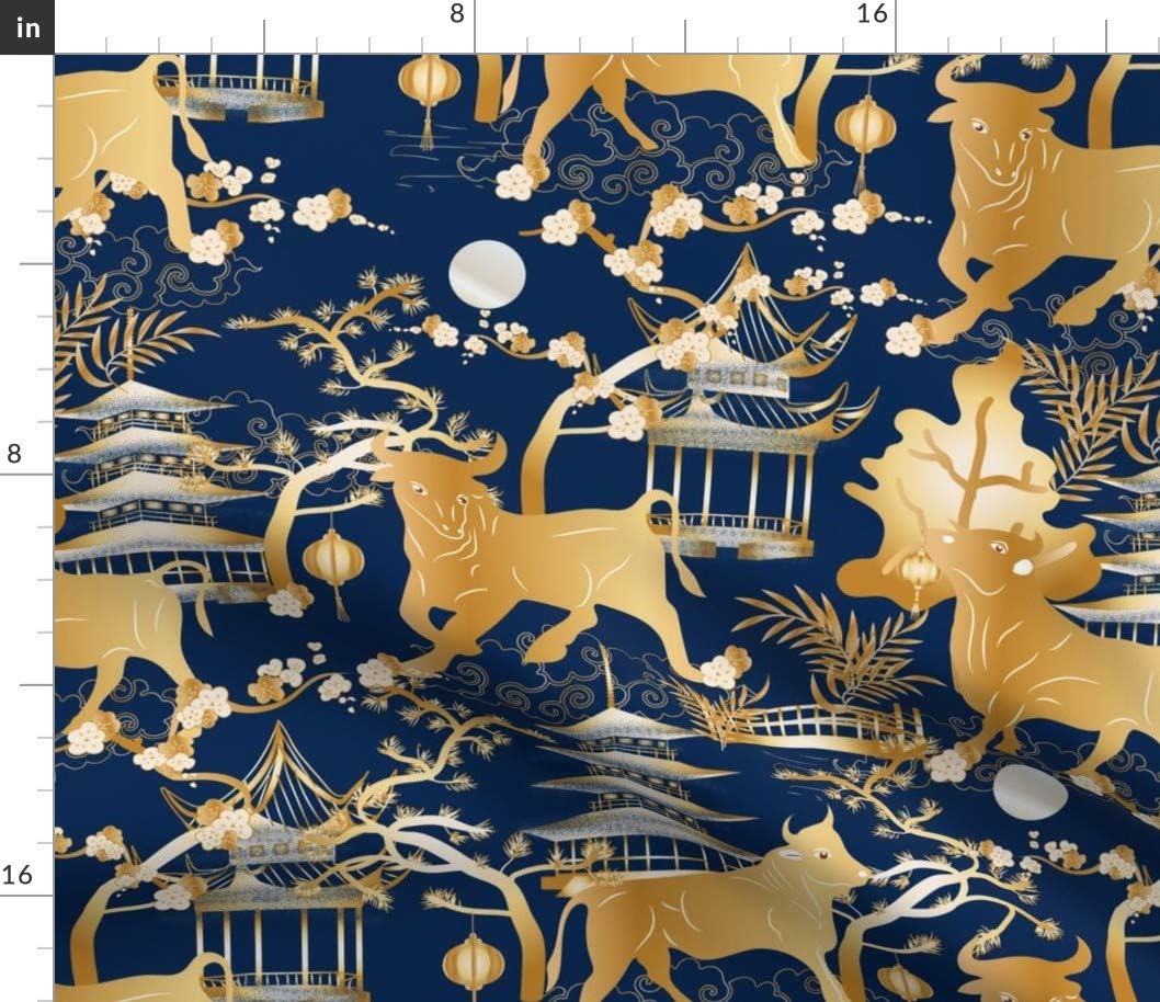 Spoonflower Fabric - Year Toile Chinoiserie Lunar Japanese Pagoda Gold Blue Chinese Spring Printed on Petal Signature Cotton Fabric Fat Quarter - Sewing Quilting Apparel Crafts Decor