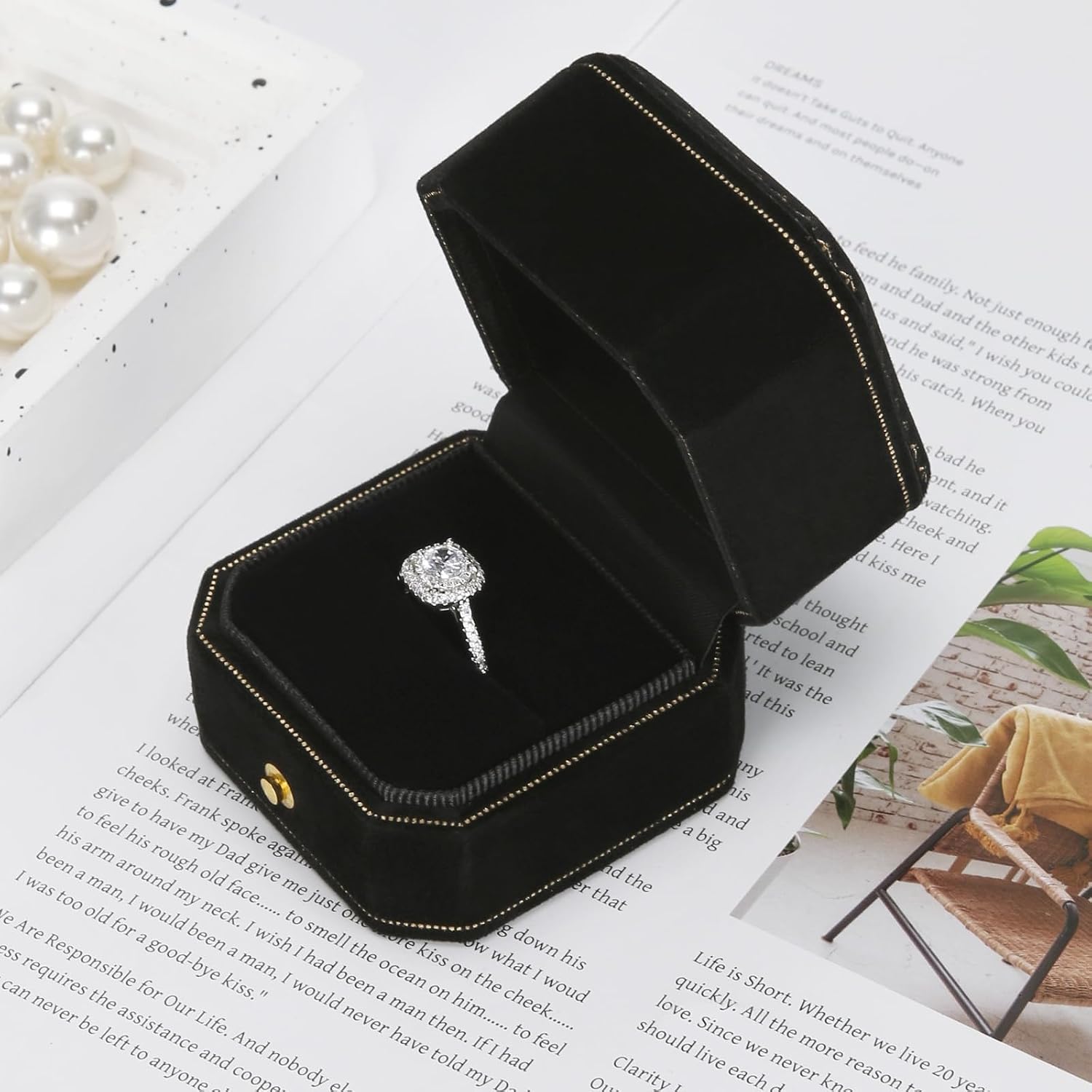 KUKUVR Luxury Velvet Wedding Ring Box for Proposal (Black) | Octagonal Jewelry Ring Holder Case, for Engagement Wedding Festival, for Women