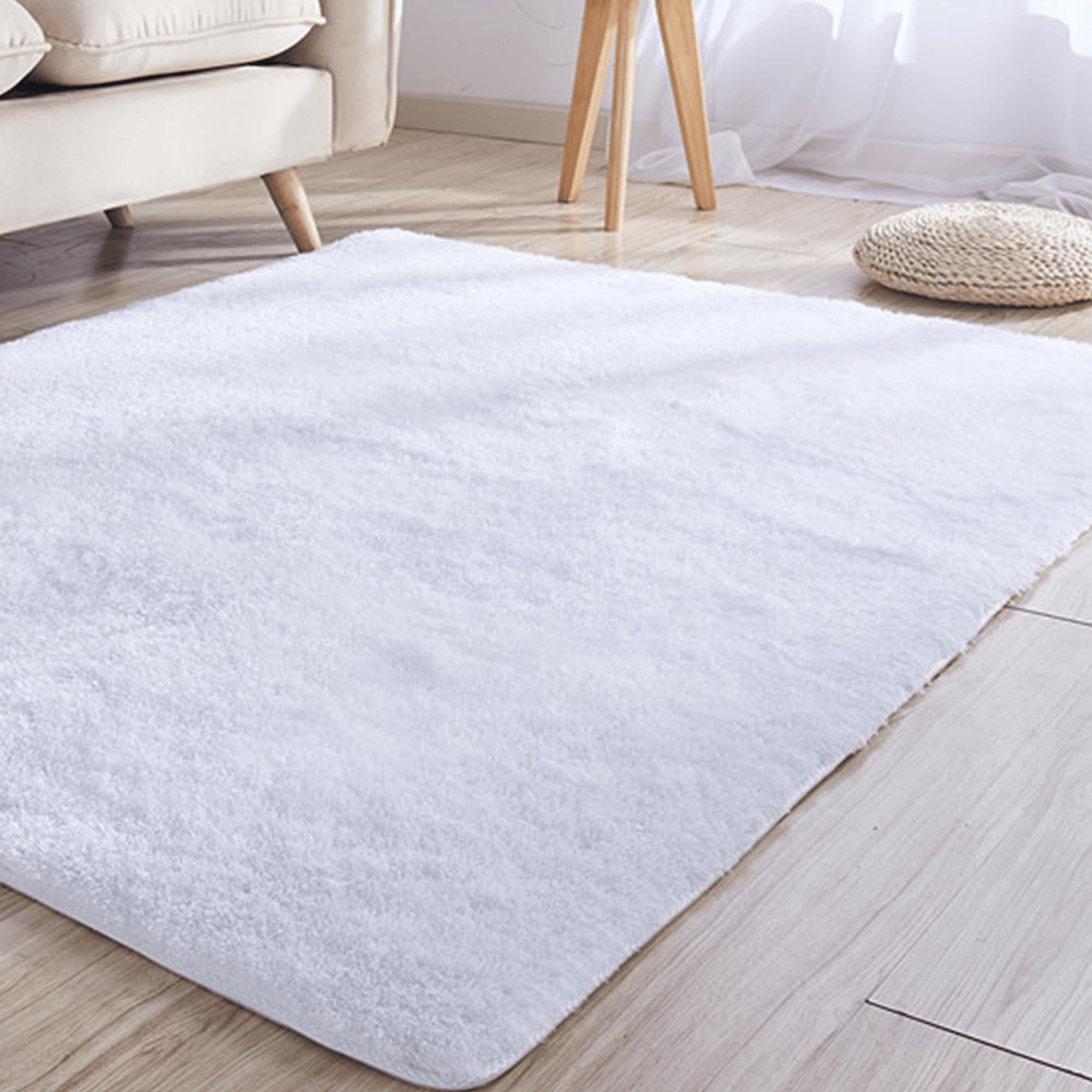 Tapis salon shaggy grand format blanc pelucheux pour chambre et cuisine