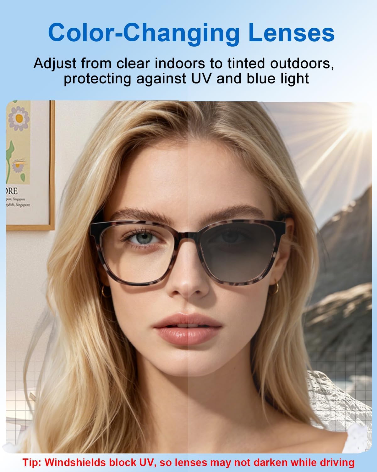 Ai Smart Glasses Men Women with Real-Time Translation, Color-Change Lens, Music & Calls w/Bluetooth 5.4, Al Voice & Meeting Assistant, Lightweight & Comfortable, Thin Temples (Tortoiseshell)