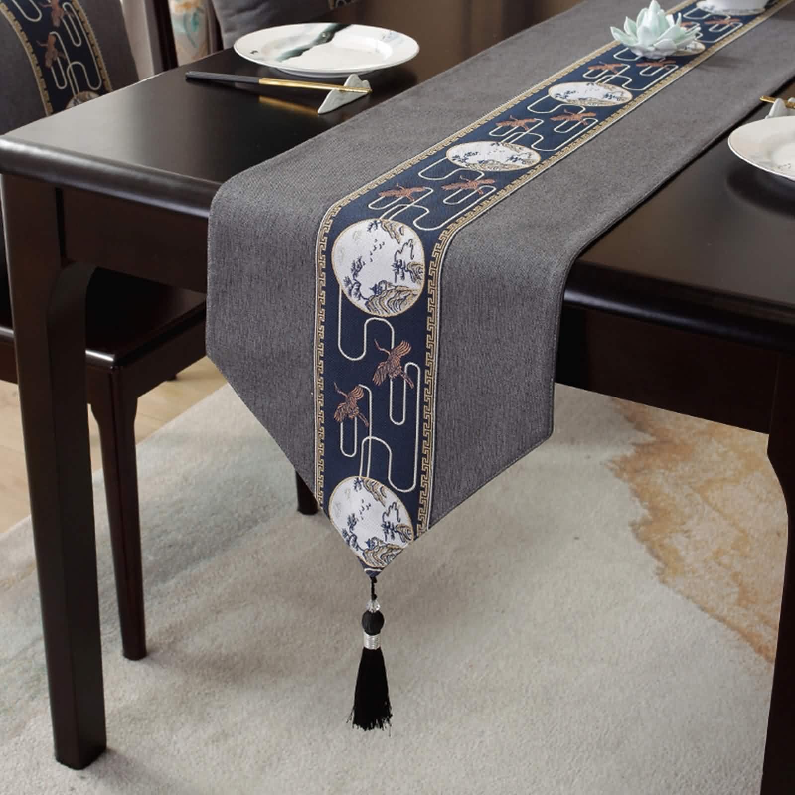 Chemin Table St Valentin, Chemin de Table Gris 180 CM Coton 33CM Peinture de Paysage Classique Oiseaux Brodés La Cuisine