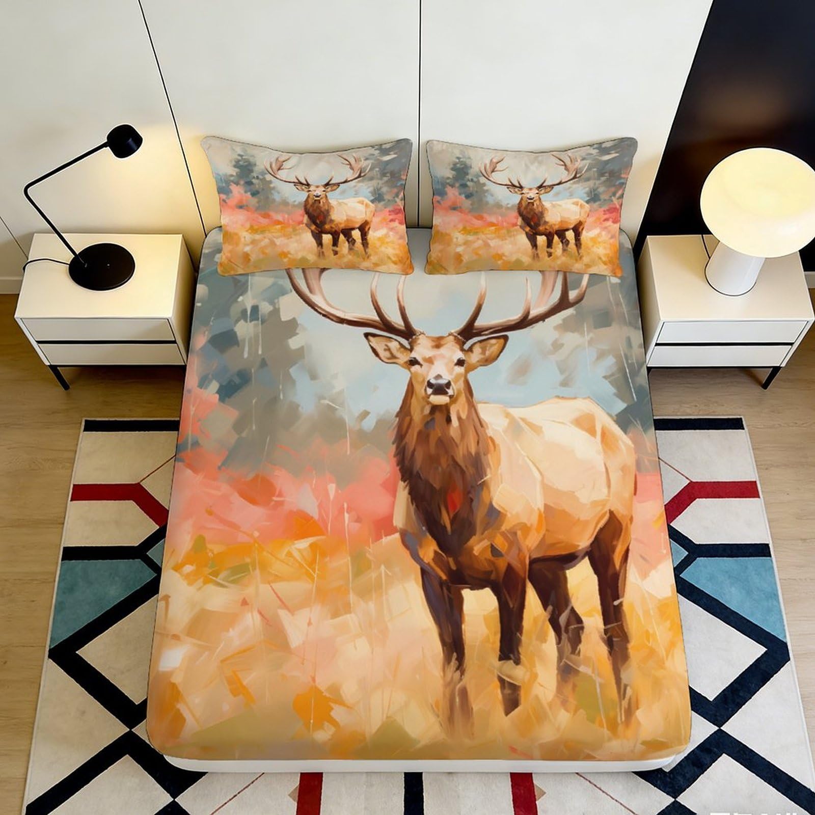 3D Printed Deer Forest Fitted Sheet Microfiber Anti-Slip Autumn Elk Mattress Cover for Bedroom Guest Room Decor 90x200x25cm