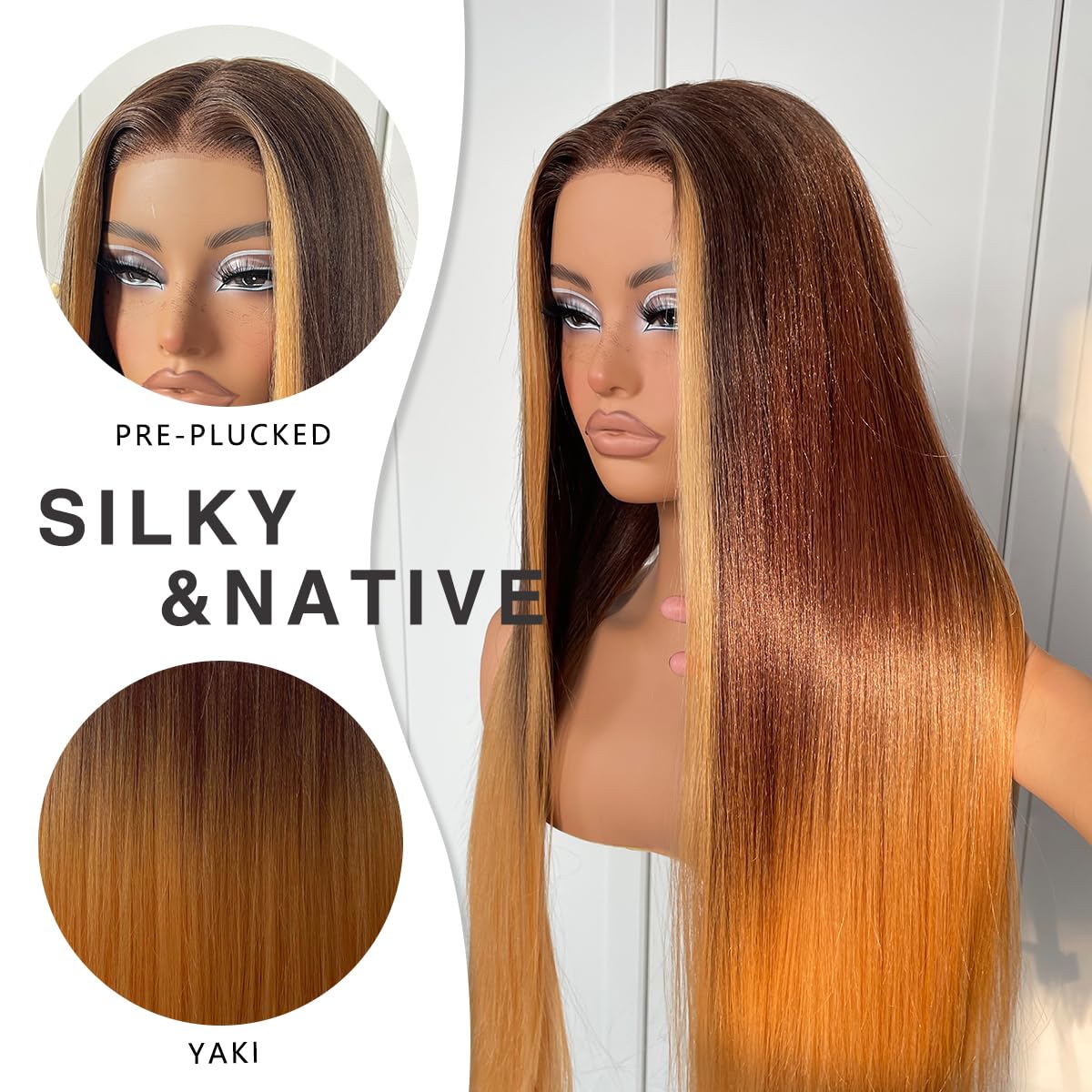 32inch Ombre Lace Front Wig pre plucked, Glueless Highlight Ombre Long Straight Lace Front Wigs Synthetic Highlight HD Lace Front Wig 1B/30/27