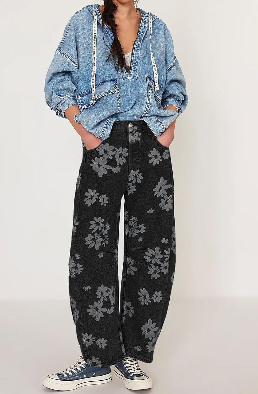 loveimgs Women Y2k Distressed Barrel Jeans Baggy Wide Leg Jeans Floral Printed Boyfriend Patchwork Denim Pants - Image 3