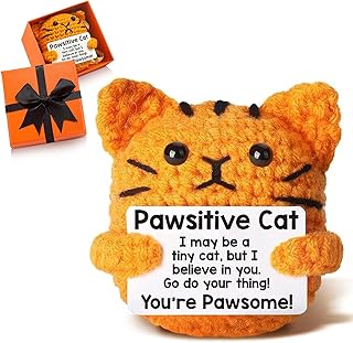 Handmade Emotional Support Crochet Positive Cat with Inspirational Cards in Gift Box, Pawsitive Knitted Gift Plush Doll for Cat Lover Women Men,Good Luck Present for Birthday, Office Home Desk Decor