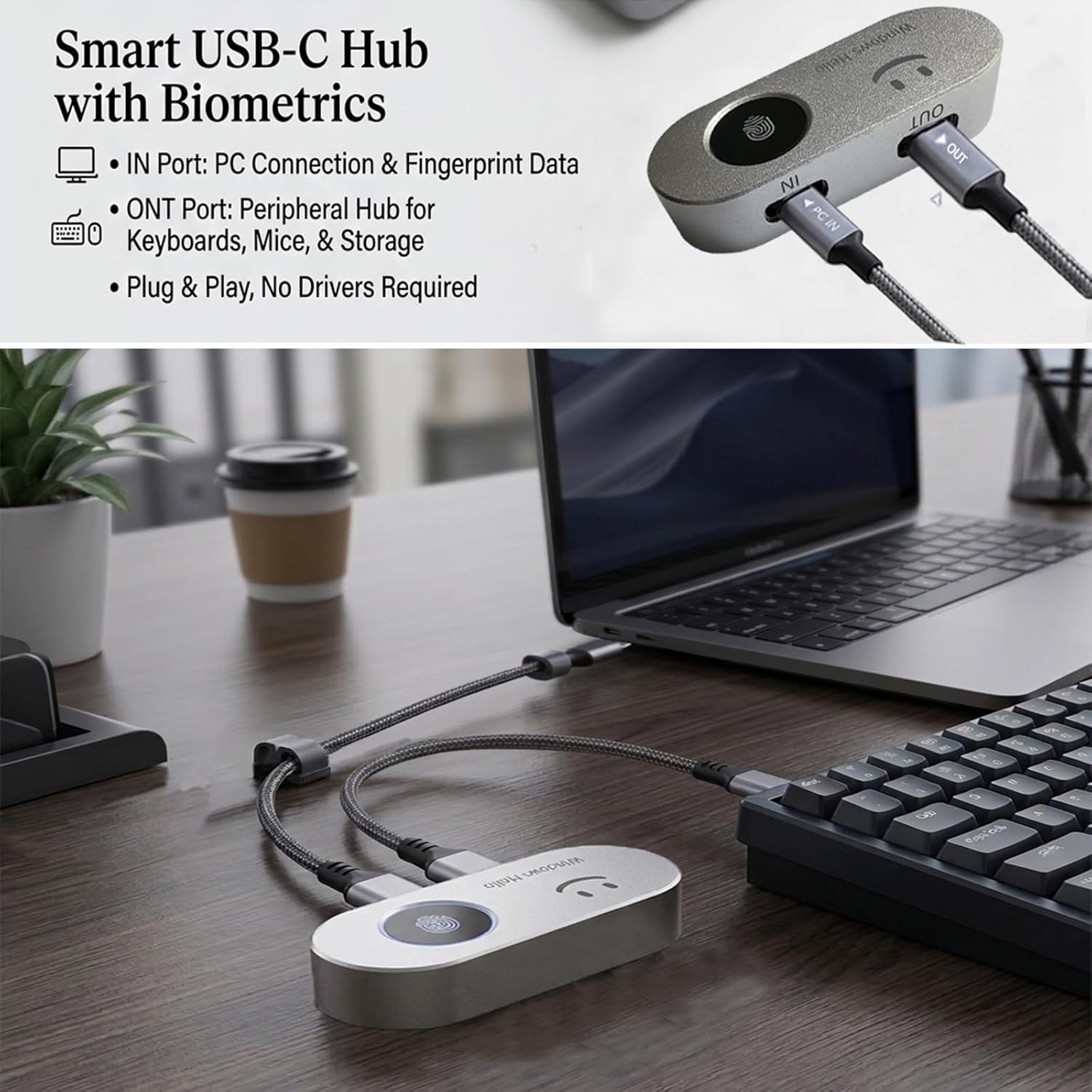 Portable USB Fingerprint Reader for Windows 10/11 PC and Laptops, Windows Hello Biometric Scanner, 360° Touch, Fast Login (<1 Second), Type-C Fingerprint Reader with Security Key.