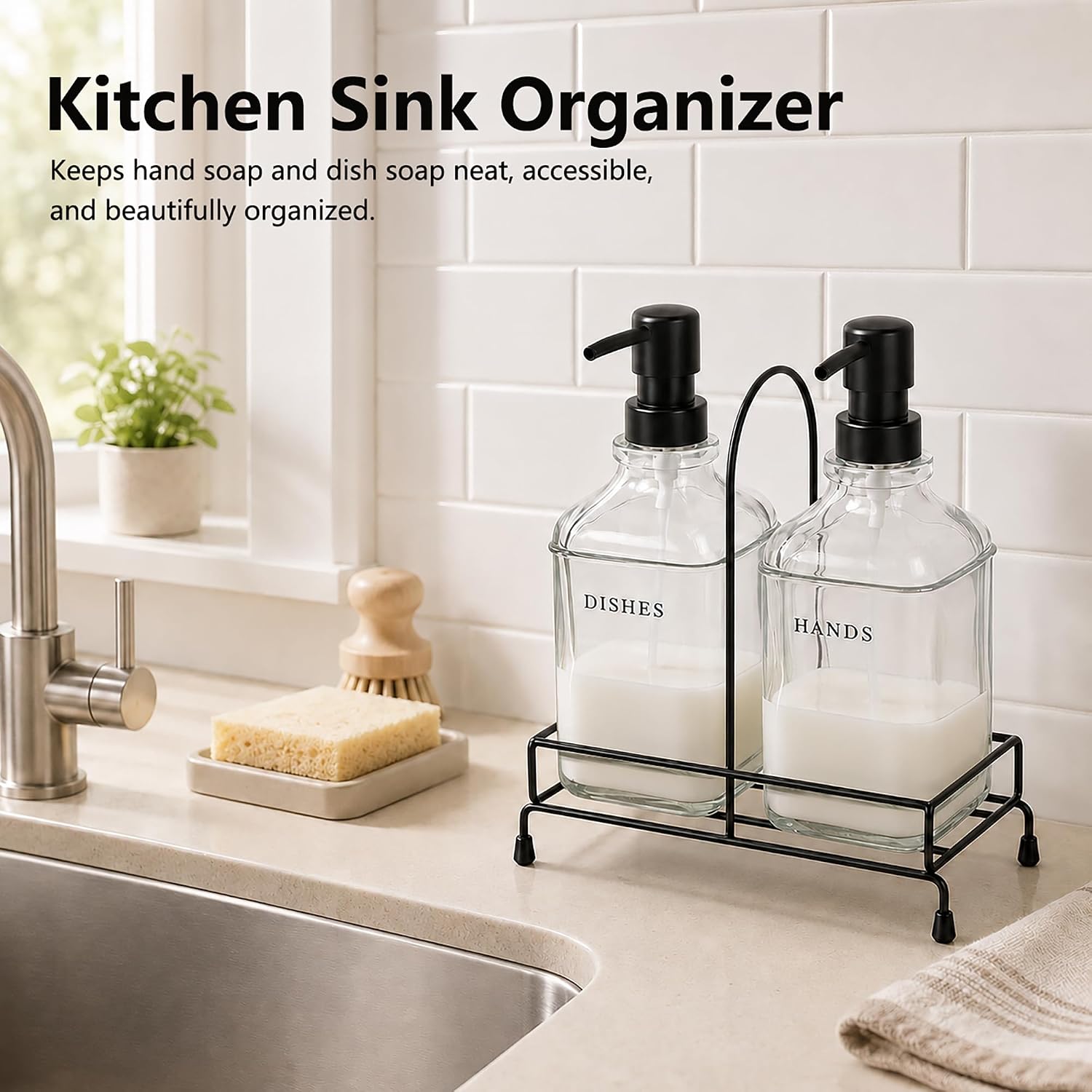 Hand and Dish Soap Dispenser with Metal Stand Caddy