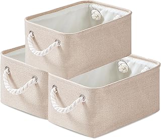 Mangata Fabric Storage Boxes, Foldable Storage Box with Rope Handles for Shelves, Cupboard, Wardrobe, Pack of 3 (Ivory, S)