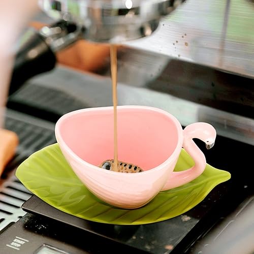 Miniatura 2 de Juego de platillos de taza de té de cerámica: Taza de café en forma de flamenco con platillo en forma de hoja Nórdico de té de la tarde Latte