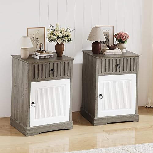 Miniatura 6 de Mesita de noche, mesa auxiliar, mesita de noche de granja con estante y puerta, mesa auxiliar rústica con cajón de almacenamiento, mesita de noche