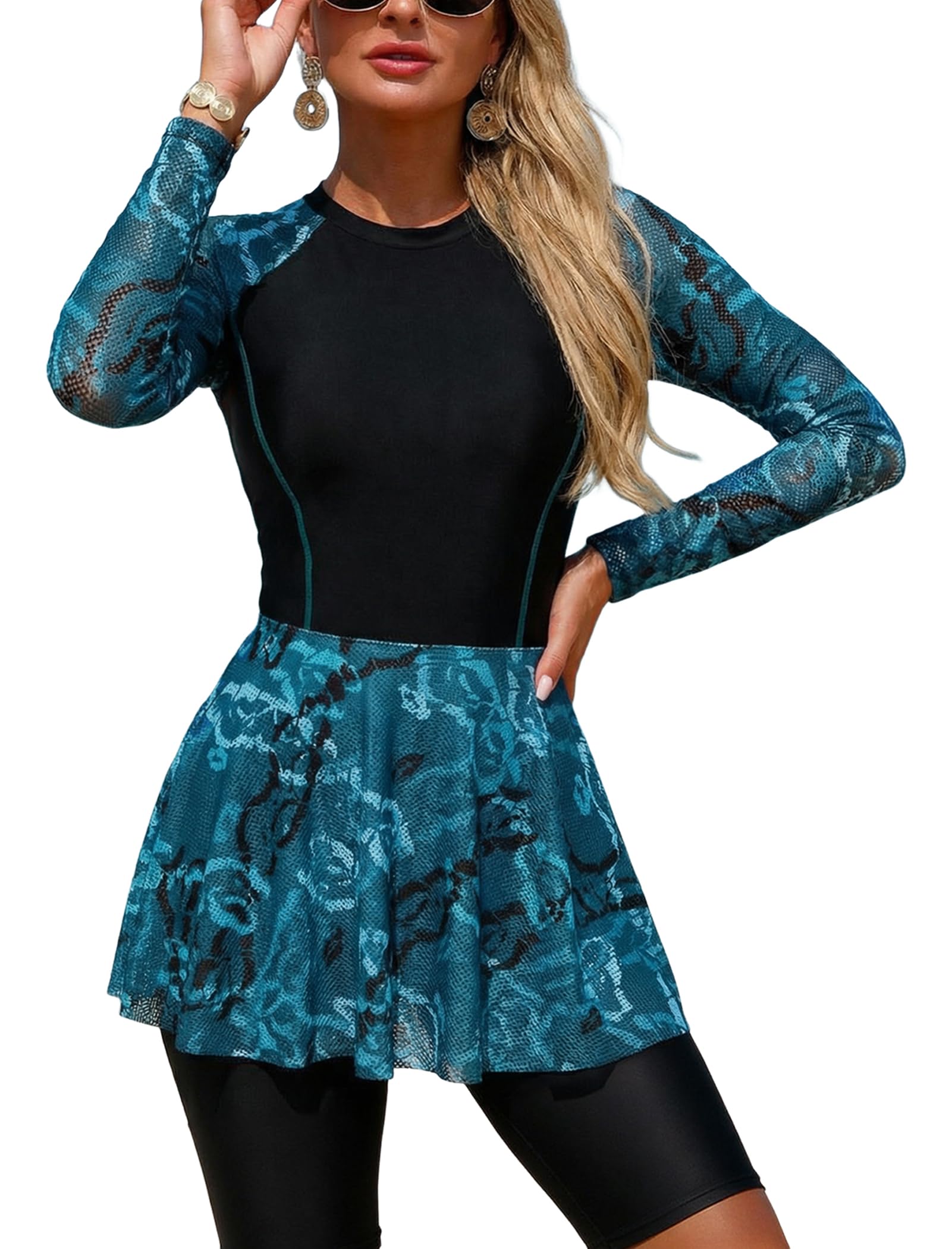 AGYMNX Maillot de bain modeste pour femme 2 pièces Rashguard Maillot de bain à manches longues avec short garçon Maillot de bain musulman imprimé protection solaire vêtements de plage