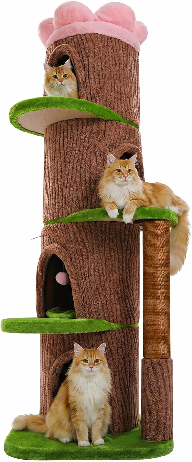 MUTTROS Wood Cat Tree with Flower Perch, 53.5" Modern Cat Tower w/Natural Solid Wood Scratching Post (φ3.8in), Large Heavy Duty Forest Cat Tree Furniture w/2 Condos for Indoor & Multi-Cat Household