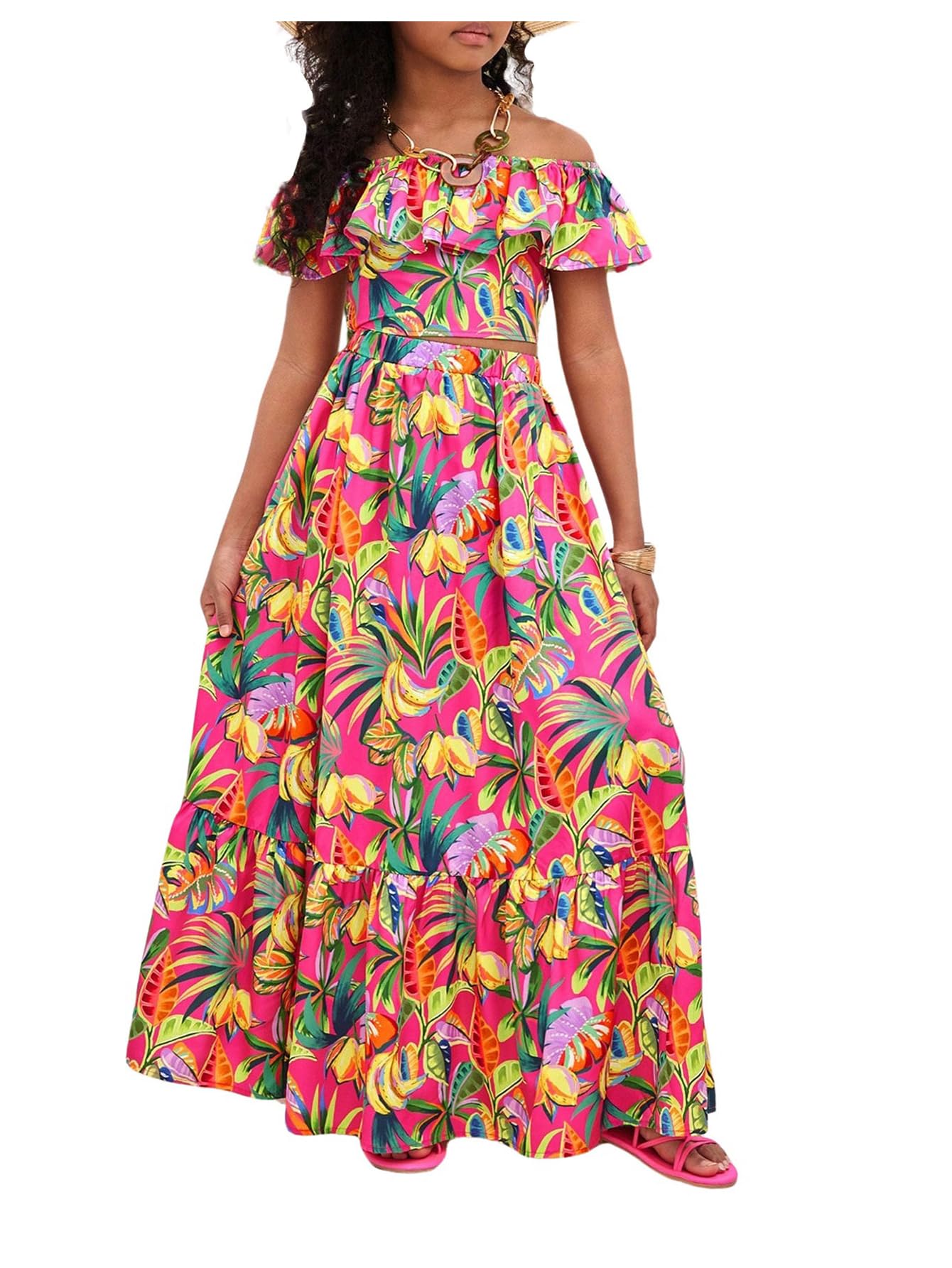 BEAUDRM Girl's 2 Piece Outfits Tropical Print Off Shoulder Ruffle Trim Short Sleeve Top and Flared Hem A Line Skirt Set