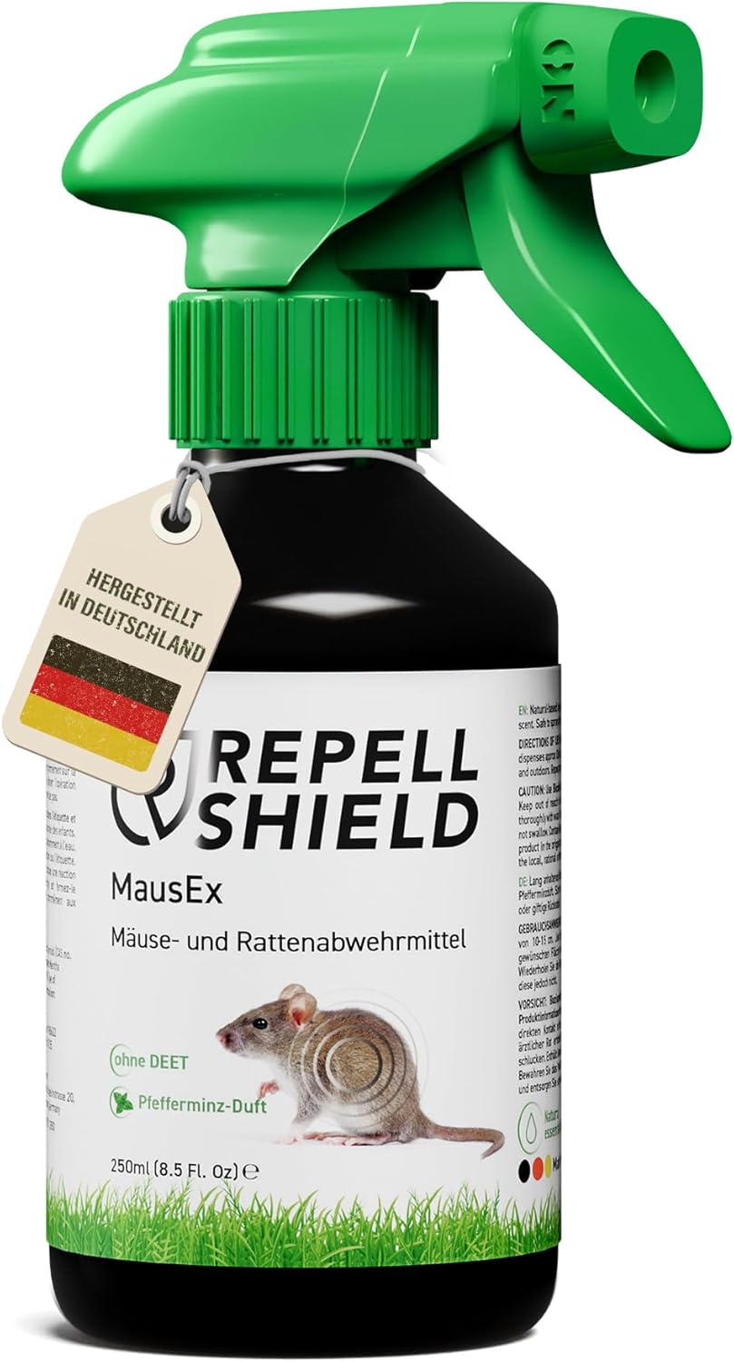 RepellShield® Rattenabwehr &amp; Mäuseabwehr Spray -250ml- Mäuse Abwehrmittel zum Mäuse vertreiben - hält Ratten &amp; Nagetiere fern, Nicht färbend, Pfefferminzöl Duft
