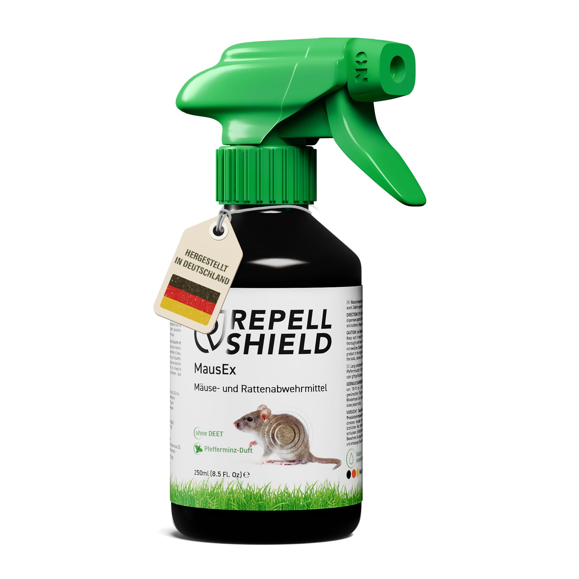 RepellShield® Rattenabwehr & Mäuseabwehr Spray -250ml- Mäuse Abwehrmittel zum Mäuse vertreiben - hält Ratten & Nagetiere fern, Nicht färbend, Pfefferminzöl Duft