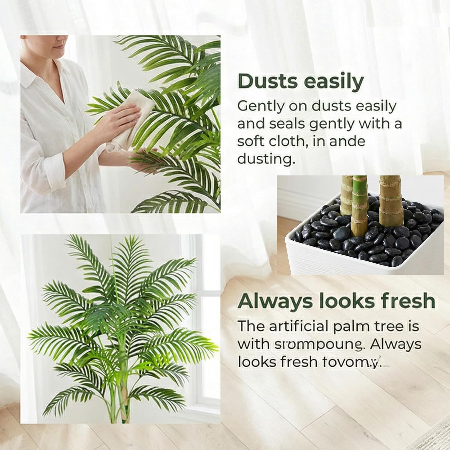 Artificial Golden Cane Palm Tree 7FT, Fake Palm Tree with Three Realistic Trunks and Lifelike Palm Leaves, Faux Palm Plant for Indoor Home Décor with White Planter - Image 5