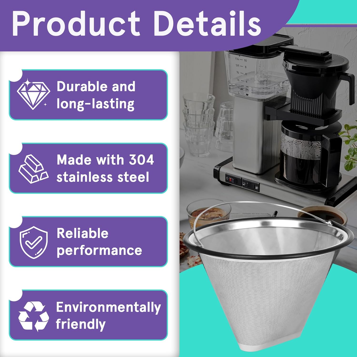 #4 Stainless Steel Coffee Filter Compatible with Technivorm Moccamaster KBGV, KBT, Upgraded Reusable Cone Coffee Filter, Sustainable Brewing and Durability, Maintain Coffee Quality - Image 4