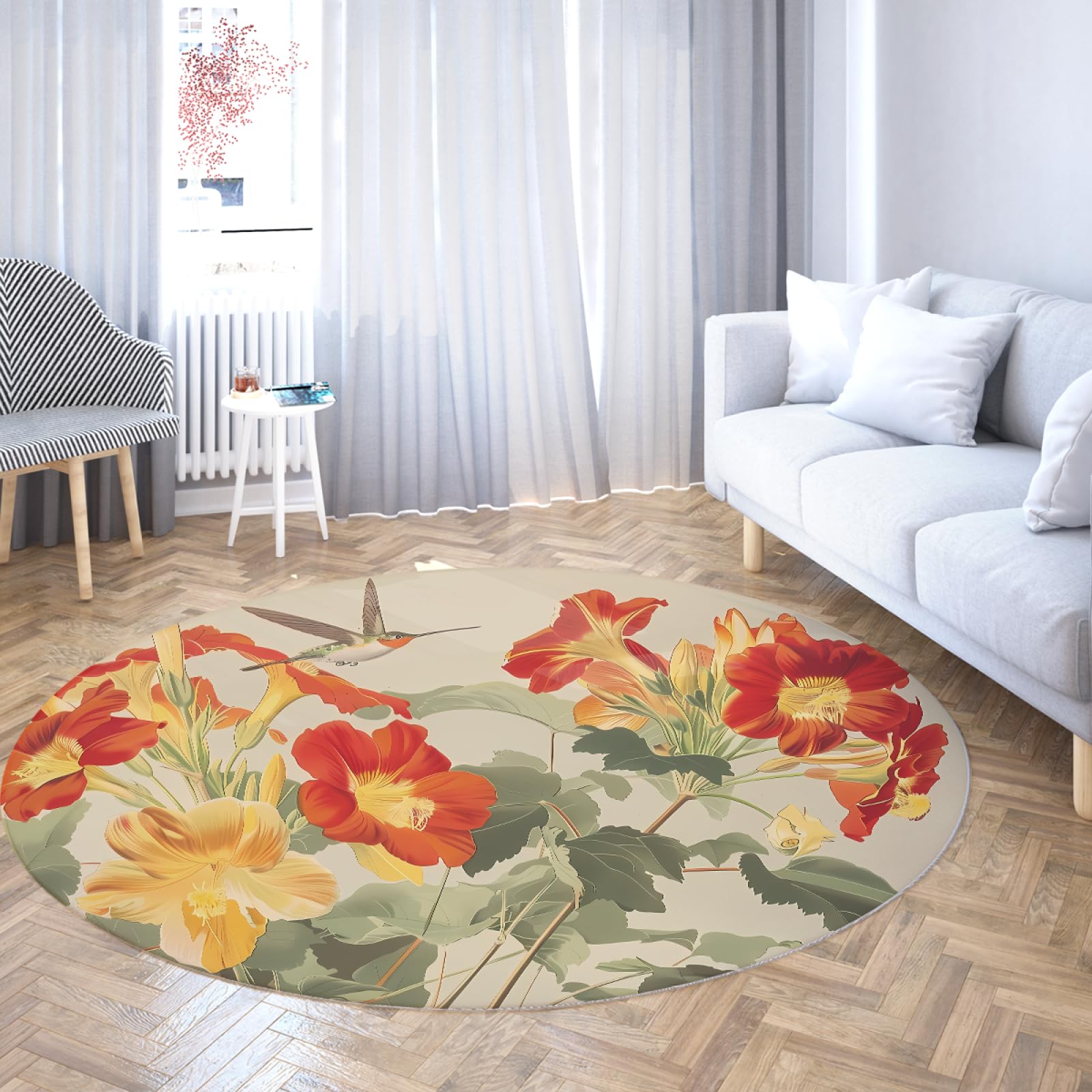 Tapis antidérapant rond 150cm beige style ferme vintage floral