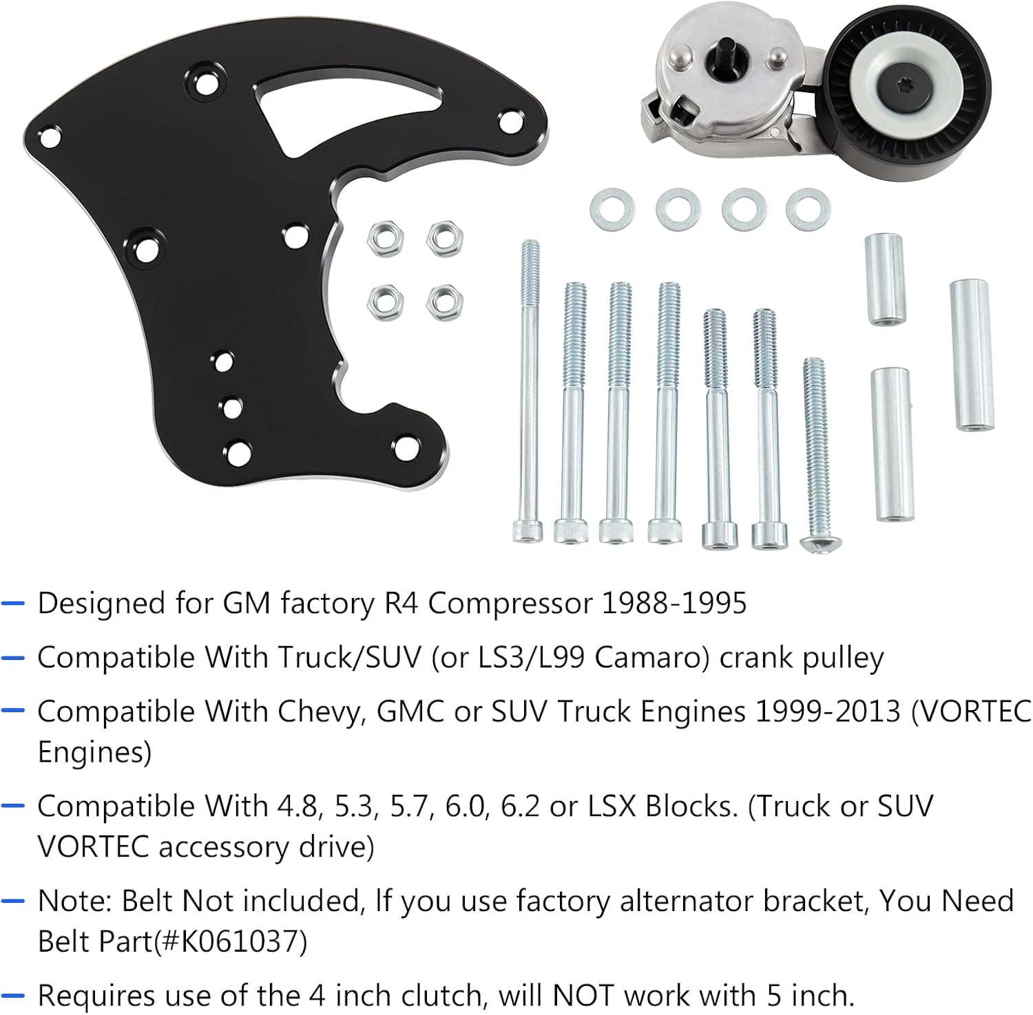 LS Swap R4 AC Compressor Bracket ,LS High Mount A/C Bracket Kit with Belt Tensioner Compatible for Chevrolet GMC SUV Truck Vortec Engines LS1 LS2 LS3 LS6