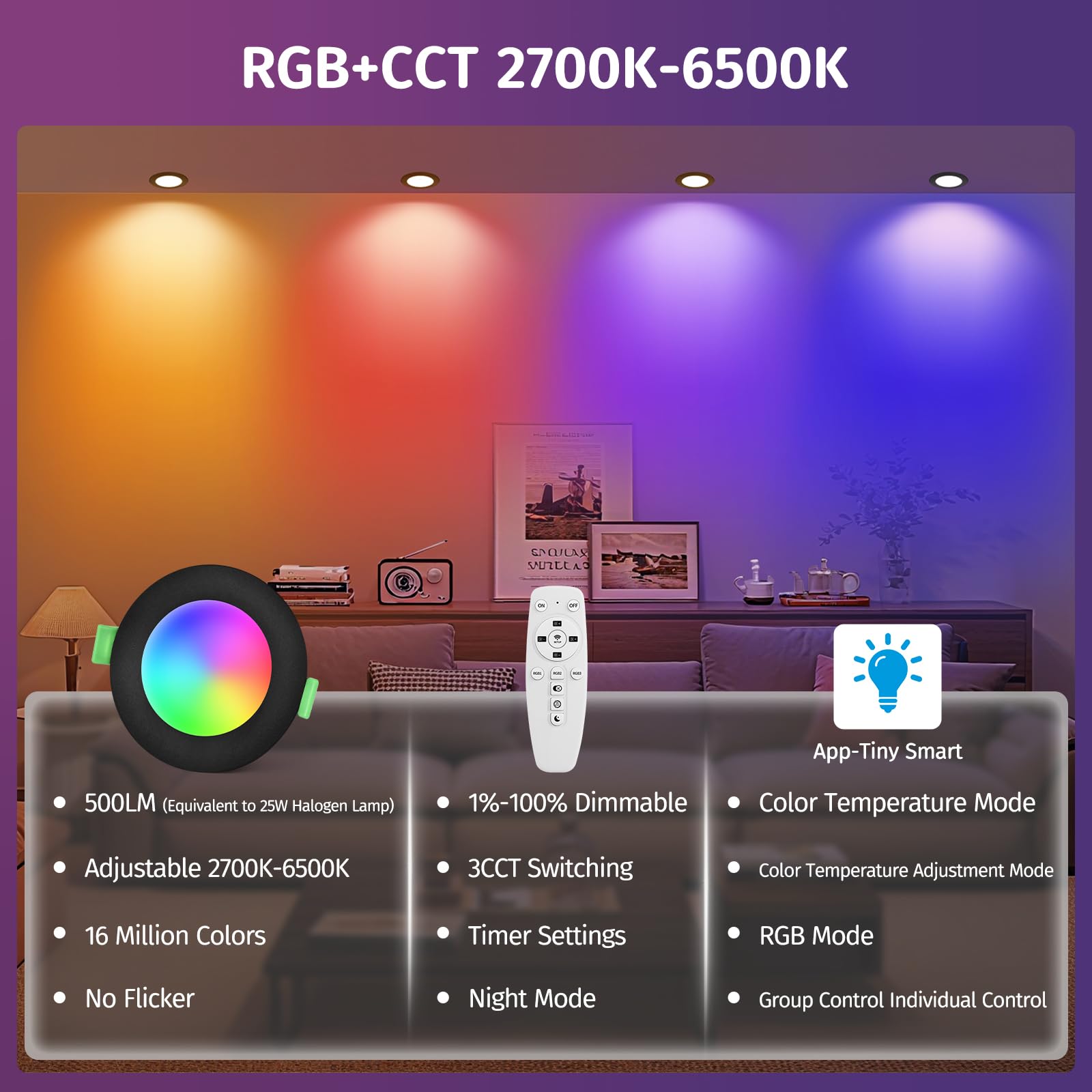 Bluetooth LED Faretti da Incasso RGB 230V 2700-6500K IP44 65-80mm 6PCS Nero | YindaLux 5W 500LM Faretti Da Soffitto Dimmerizzabili Controllo con App e Telecomando Bagno Soggiorno e Mobili