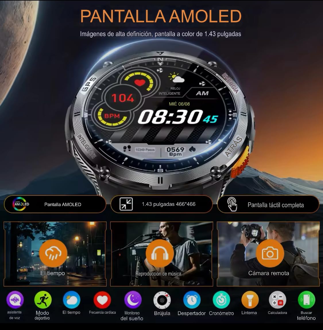 Orologio intelligente da uomo militare con GPS, torcia elettrica, impermeabile, 50 m, 530 mAh, schermo da 1,43 pollici, AMOLED 460 x 460, SmartWatch Sport Monitor per la salute
