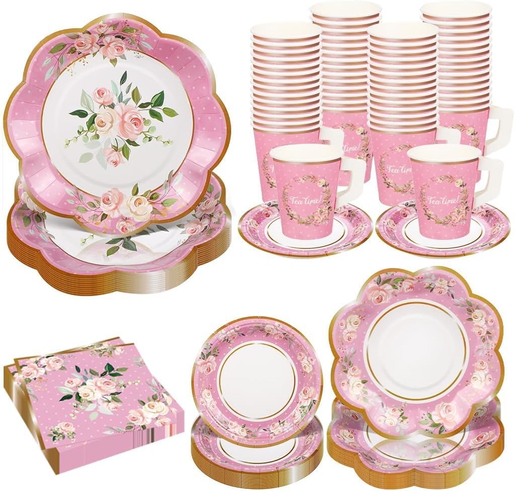 TWOWYHI 136Pcs Floral Tea Party Supplies for 25 Floral Tea Cups with Handle 9” 7” Floral Paper Plates Disposable Flower Cups and Saucers Sets for Garden Birthday Bridal Wedding,Pink