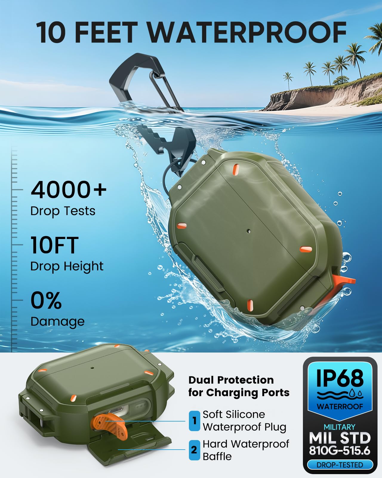 MoKo for AirPods Pro 3 Case with Secure Lock - IP68 Waterproof Case for iPods Pro 3, Military-Grade Protective Cover Earpods Pro 3 with Keychain, Phone Stand & Cleaner Kit, Green thumbnail 6