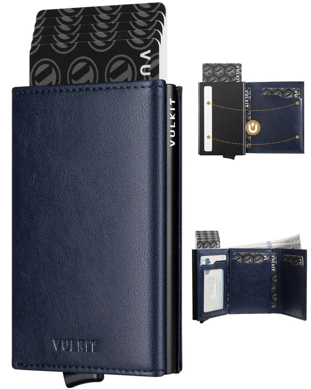 VULKIT Mens Wallet Credit Card Holder Pop up Card Case RFID Blocking Leather Card Wallet with Banknote Compartment & ID Window